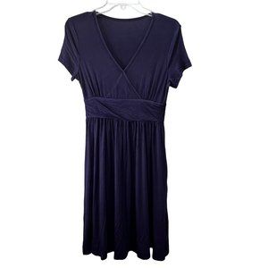 Navy Blue Knit Dress size M Pockets Stretchy Short Sleeve Flowy V Neck